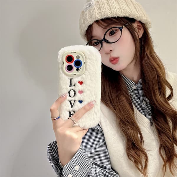 KJS-002 iPhone 15 Pro Max Case Lens Kickstand Embroidered LOVE Fluffy Flexible Phone Cover - White White
