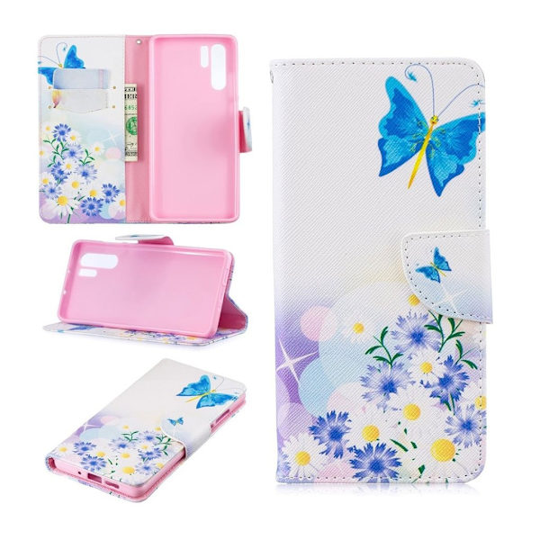 Huawei P30 Pro mønstret læder flip etui - Blå Sommerfugl og Blomster Multicolor