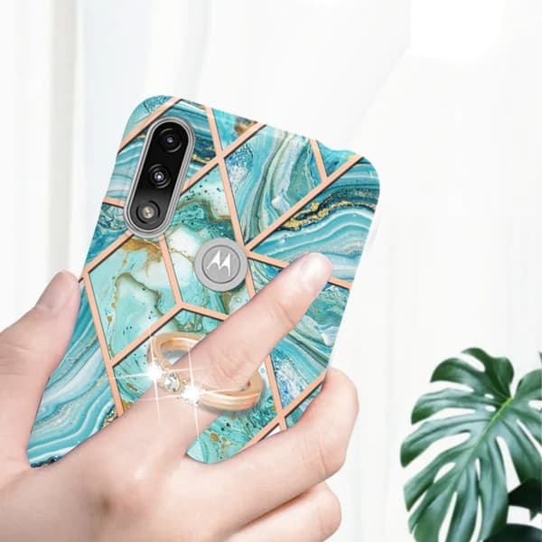 Marble Mønstret Deksel med Ring Holder til Motorola E7i Power / E7 Power - Blå Blue