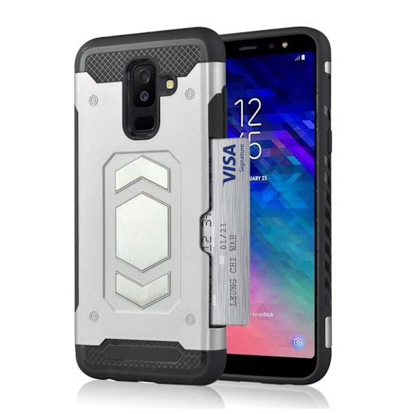 Samsung Galaxy A6 Plus (2018) mobilskal plast silikon kortficka bilhållare - Silver Silvergrå
