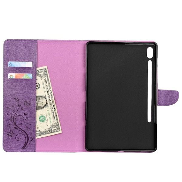 Samsung Galaxy Tab S6 aftryk sommerfugl blomster læder etui - lilla Pink