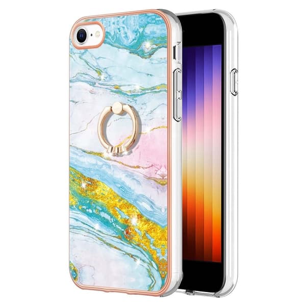 Marble Mønstret Deksel med Ring Holder til iPhone Se (2022) / 2020 / 8 - Grønn og Gul Klinkekule Haze Multicolor