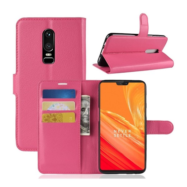Oneplus 6 beskyttelsesetui i kunstlæder med Litchi overflade. Med stativ og kortlommer - Rosa Pink