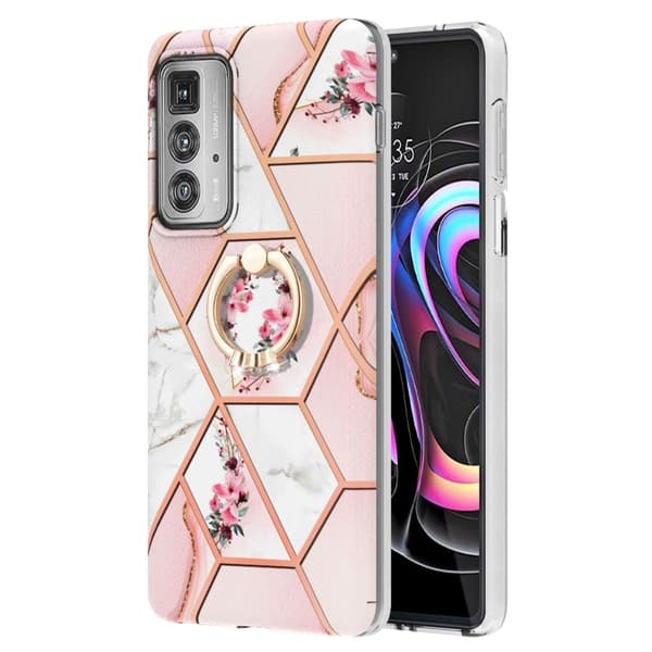 Marble Mønstret Cover med Ring Holder til Motorola Edge 20 Pro - Lyserøde Blomster Pink