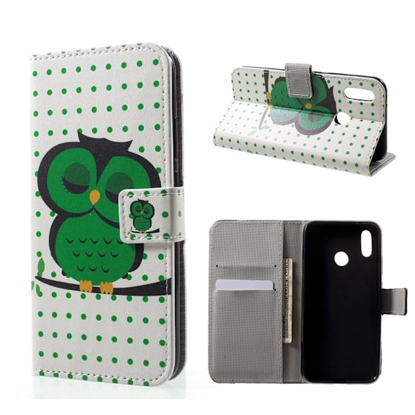 Huawei P20 Lite Printet Mønster PU læder flip etui - Grøn ugle sover Multicolor