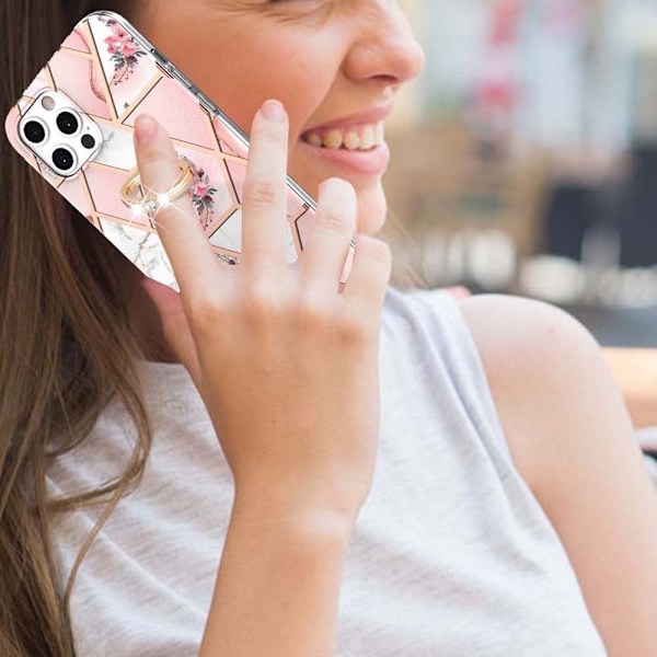 Marble Mønstret Deksel med Ring Holder til iPhone 12 Pro Max - Rosa Blomster Pink