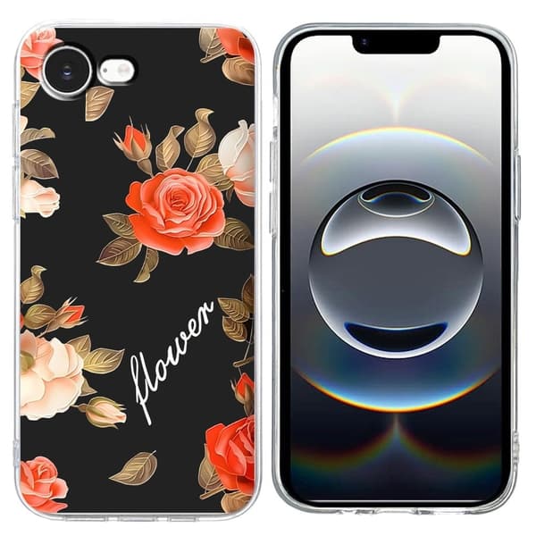 iPhone 16e-etui Mykt, fleksibelt bakdeksel med mønsterutskrift - Svart Bunnen Blomst Black