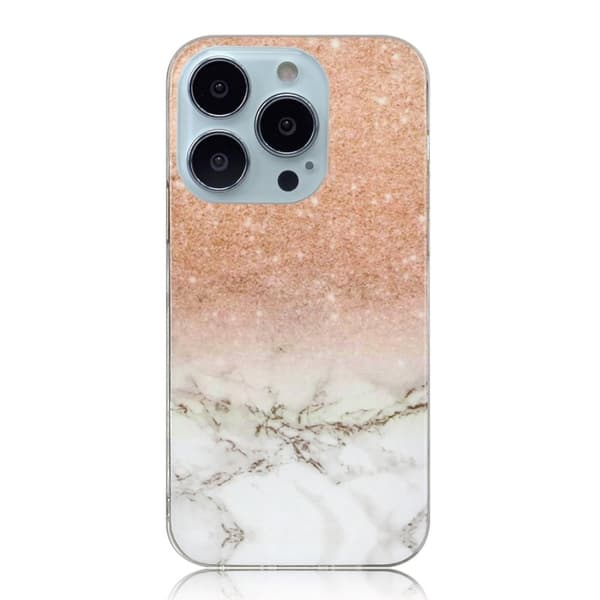 Marble iPhone 14 Pro Max Etui - Rose Gold Hvit Klinkekule Pink