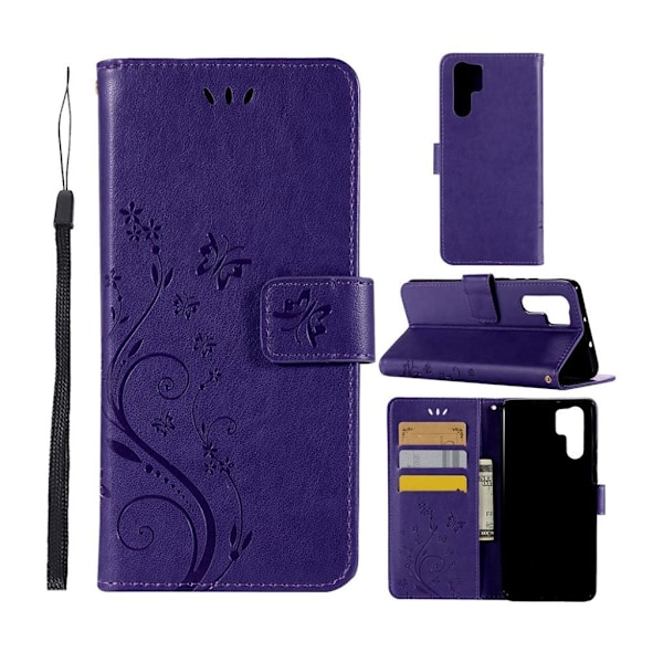 Huawei P30 Pro sommerfugle- og blomstertryk læder flip etui - Mørkelilla Purple