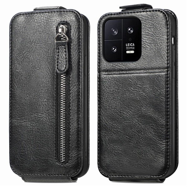 Vertical Flip Phone Suojakotelo With Zipper For Xiaomi 13 - Musta Black