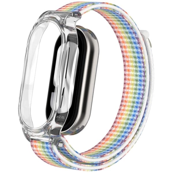 Xiaomi Mi Band 9 / Smart Band 8 Klockarmband Nylon Loop Handledsrem med Stöttålig Watch Case - Regnbåge multifärg