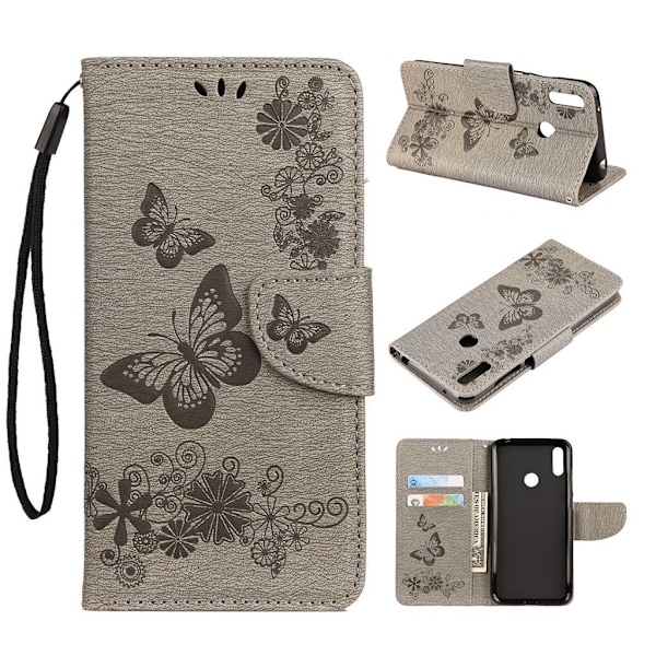 Butterfly läder Huawei Y6 2019 fodral - Silver/Grå Silvergrå