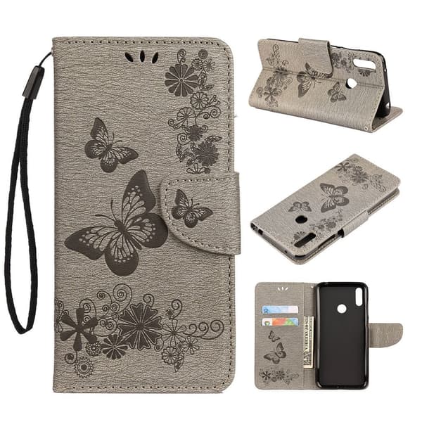 Huawei Y6 2019 forlaget butterfly læretui - Grå Silver grey