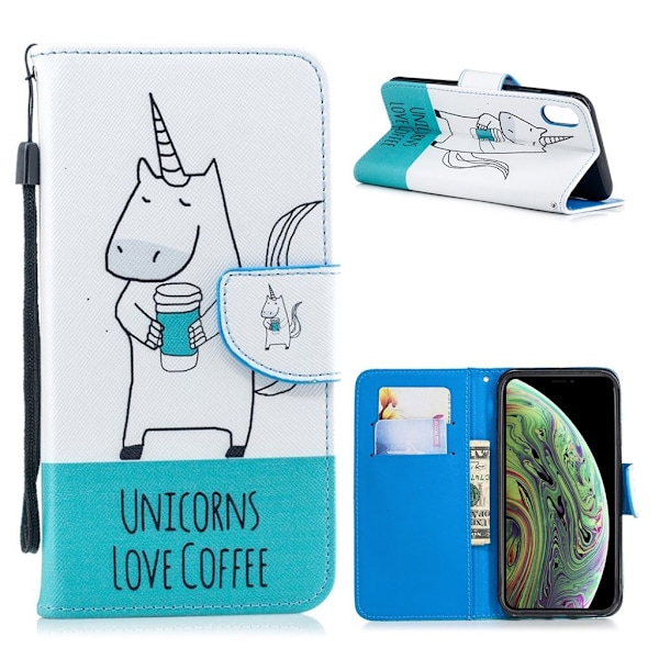 iPhone Xs Max flip cover i læder med mønstret krydsstruktur - Unicorns Love Coffee Multicolor