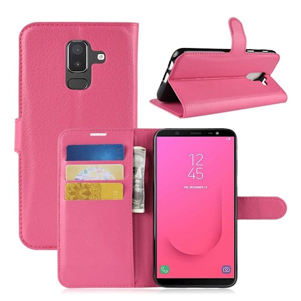 Samsung Galaxy J8 (2018) beskyttelsesetui i kunstlæder med Litchi overflade samt stativ - Rosa Pink