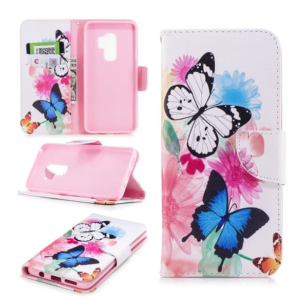 Samsung Galaxy S9 Plus Etui laget av kunstlær og silikon - Sommerfugler og blomster Multicolor