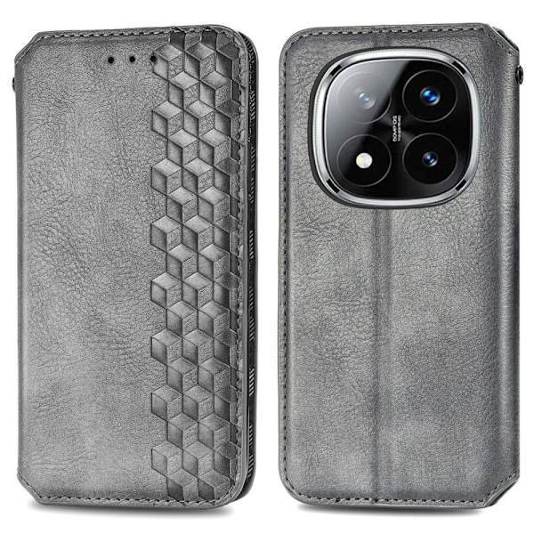 Läder Xiaomi Redmi Note 14 Pro Plus 5G fodral med romb-design - Grå Silvergrå