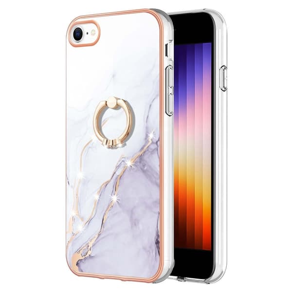 Marble Mønstret Deksel med Ring Holder til iPhone Se (2022) / 2020 / 8 - Hvit Klinkekule Haze White