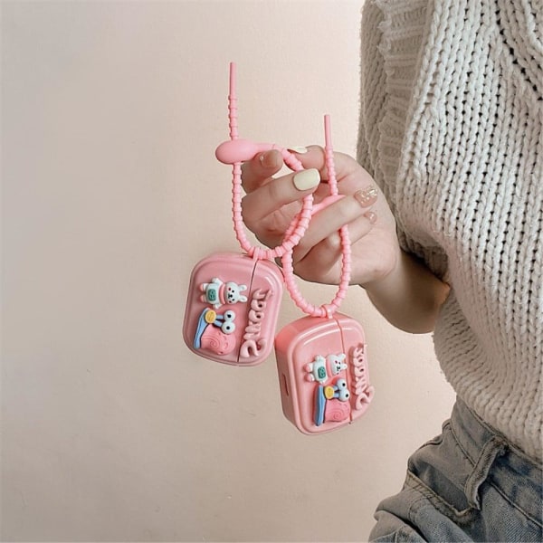 Cute and sweet pink snail and bunny case with strap for AirPods Röd