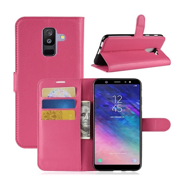 Samsung Galaxy A6 Plus (2018) mobilfodral PU läder skyddande korthållare sedelförvaring stående läge - Rosenröd Rosa