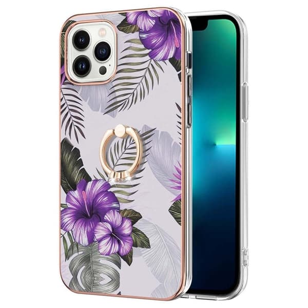Marble Mønstret Deksel med Ring Holder til iPhone 14 Pro - Lilla Blomster Purple