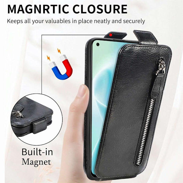 Vertical Flip Phone Etui med Zipper til Motorola Moto E32s / E32 / G22 - Sort Black