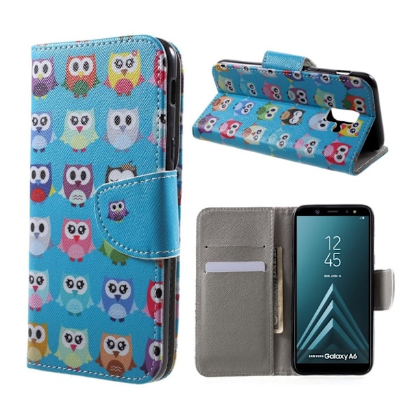 Samsung Galaxy A6 (2018) mobilfodral PU läder plånbok stående läge mönster - Multipla ugglor multifärg