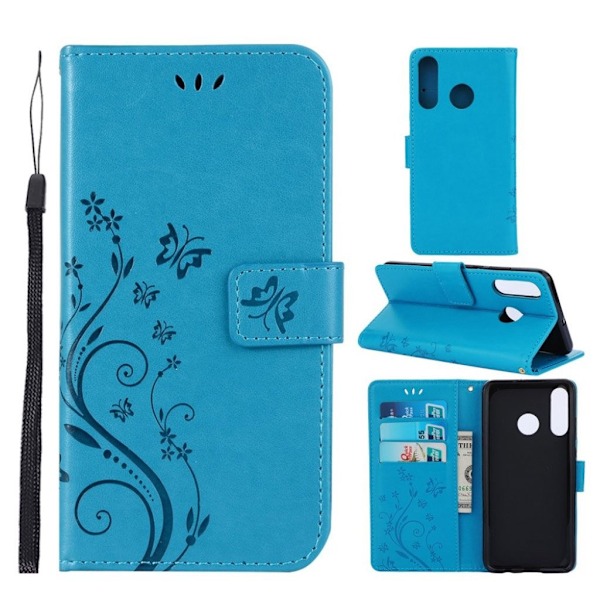 Huawei P30 Lite Avtryck fjäril och blomma läderfodral - Blå Blå