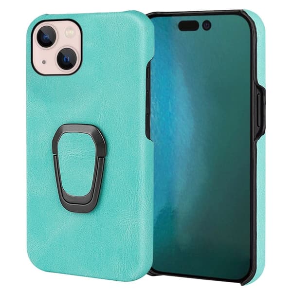 Shockproof Läder Skal med Oval Kickstand till iPhone 14 Plus - Cyan Grön