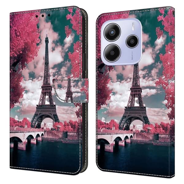 Xiaomi Redmi Note 14 5G Plånboksfodral Mönster Tryck Stativ Läder Flip Telefonskal - Eiffeltornet Rosa