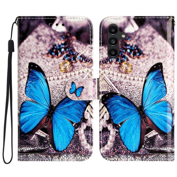 Samsung Galaxy S24 FE-etui i lær med mønsterutskrift - Blå Sommerfugl Blue