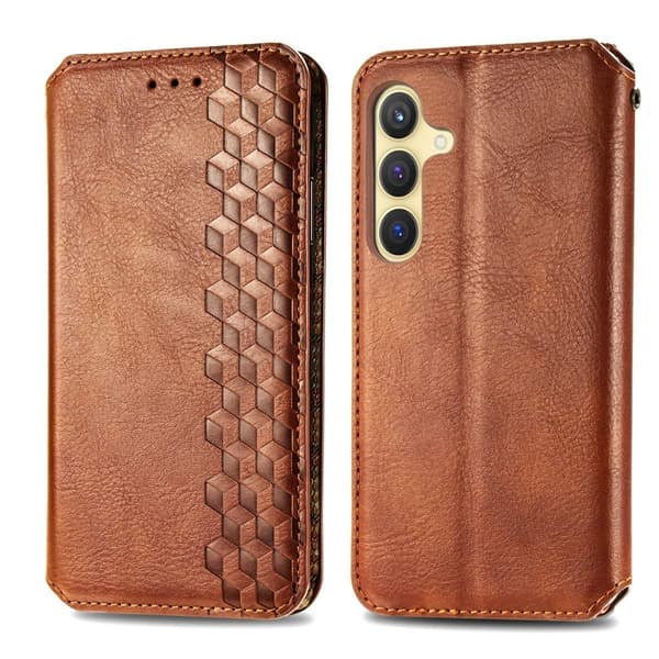 Läder Samsung Galaxy S25 fodral med romb-design - Brun Brun