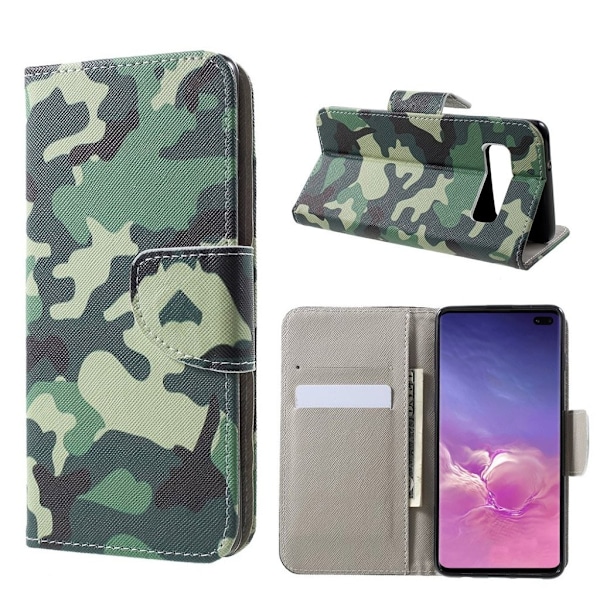 Samsung Galaxy S10 Plus läder fodral med kors textur - Kamoflage Grön