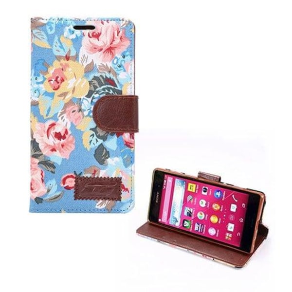 Sony Xperia Z3+ Læder Flip Etui Med Kortholder - Blåt Blomstret mønster Multicolor