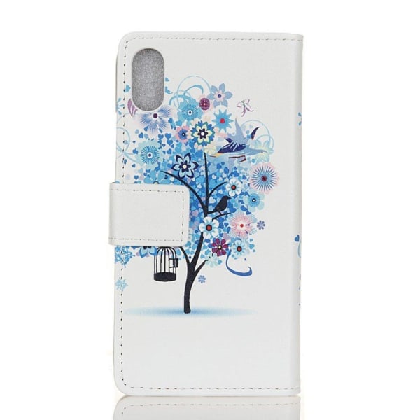 iPhone Xs Max mønstret læder flip cover - Blå Blomster Træ Fugle Multicolor
