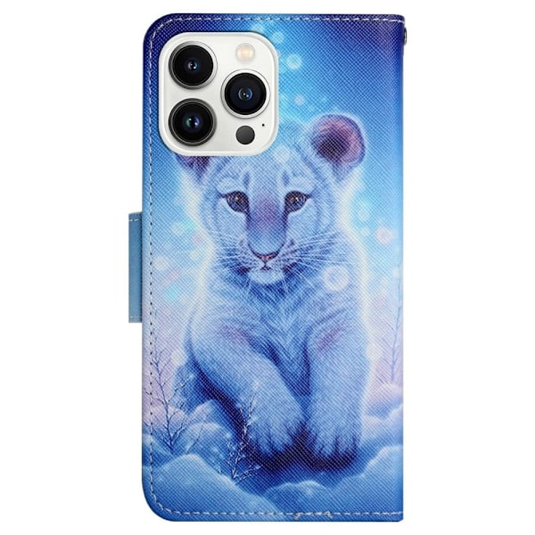 iPhone 14 Pro 6.1 inch Cross Texture Pattern Printing stander etui Vegansk Læder Flexible stødsikkert Wallet Phone Cover - Leopard Blue