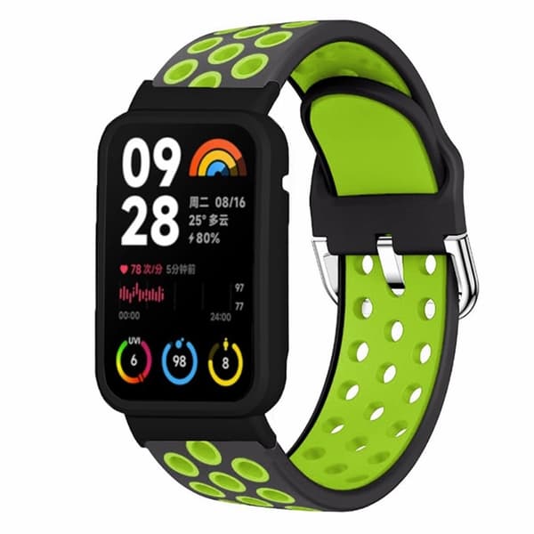 Xiaomi Smart Band 8 Pro Silicone Watch Bands Replacement Strap med Watch Case - Sort + Grøn Green