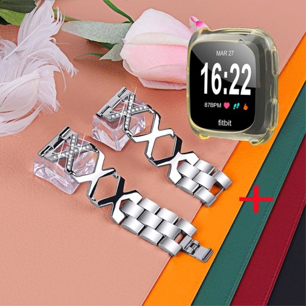 Fitbit Versa 2 / Lite strassikoristeinen ruostumattomasta teräksestä valmistettu kellonhihna, jossa on kirkas keltainen kansi - Hopea Silver grey