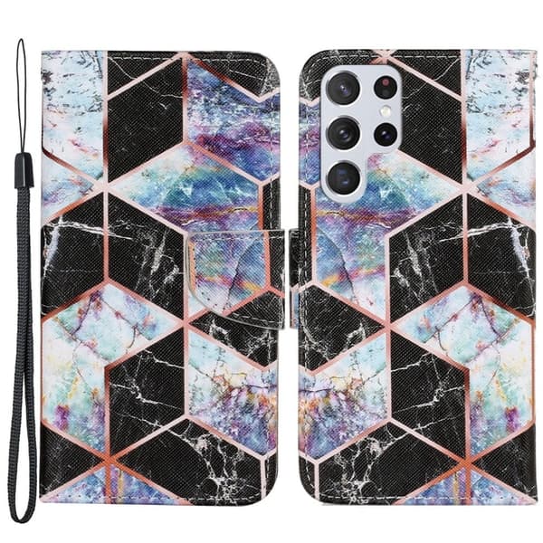 Wonderland Samsung Galaxy S22 Ultra Flip Etui - Sort Marmor Mønster Multicolor
