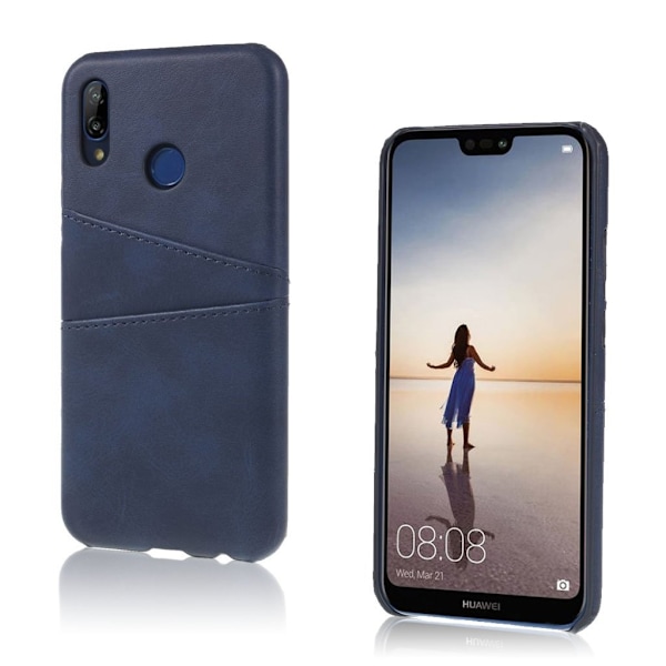 Huawei P20 Lite mobiletui i plastik med kunstlæder overflade samt udvendige kortlommer - Mørkeblå Blue