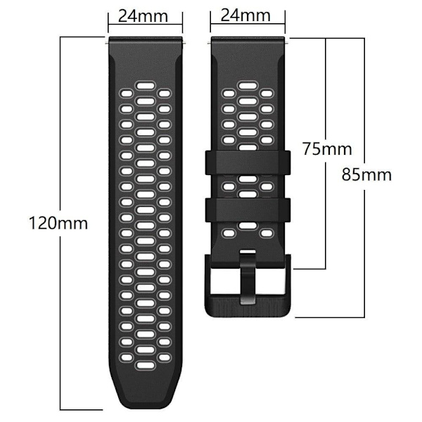 24 mm silikonklocka med dubbla färger för Suunto- och Fossil-klockor - Svart / Grå Silvergrå