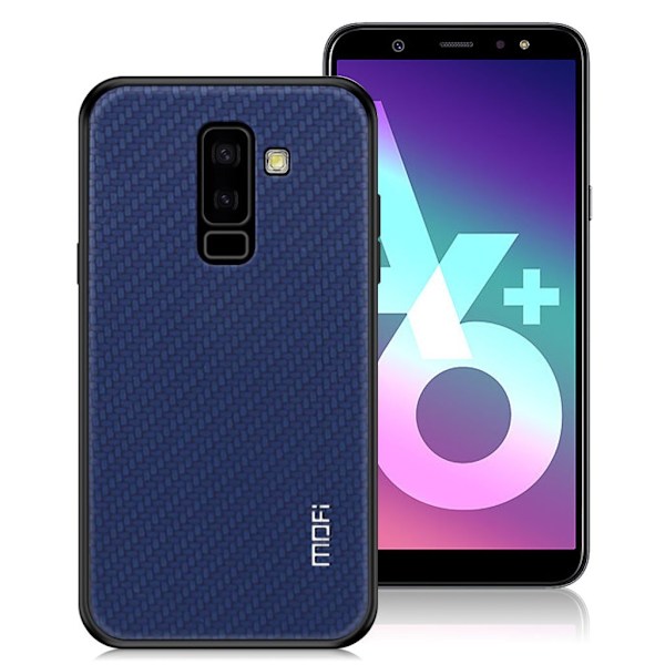 MOFI Samsung Galaxy A6 Plus (2018) mobilskal plast syntetläder silikon vävd textur - Mörkblå Blå