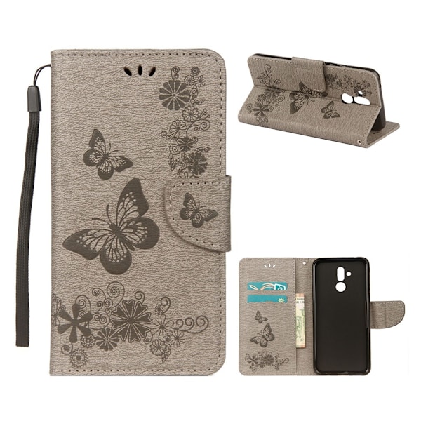 Huawei Mate 20 Lite syntet läder plånboks mobilfodral med fjärils bildmotiv - Grå Silvergrå