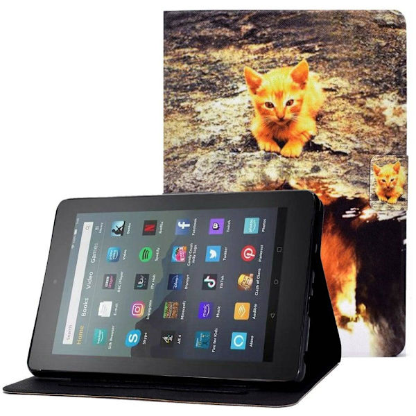 Amazon Fire 7 (2022) läderfodral med coolt mönster - Katt / Lejon Brun