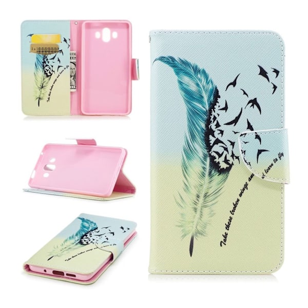 Huawei Mate 10 Læder etui med smuk print - Fjer og fugle Multicolor