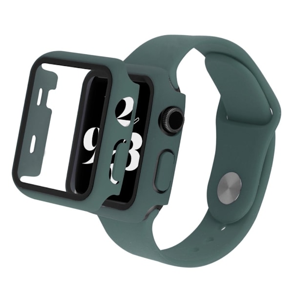 Apple Watch SE 2022 (44mm) silikoninen ranneke ja suojus karkaistulla lasilla - Keskiyön Vihreä Green