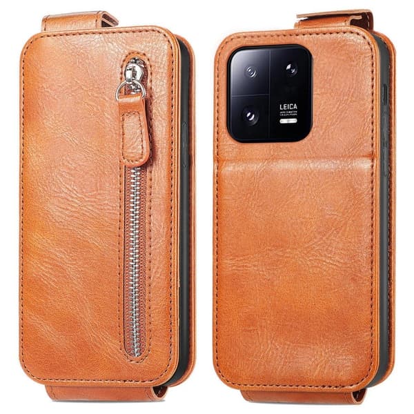 Vertical Flip Phone Etui med Zipper til Xiaomi 13 Pro - Brun Brown