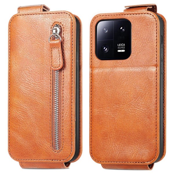 Vertical Flip Phone Suojakotelo With Zipper For Xiaomi 13 Pro - Ruskea Brown