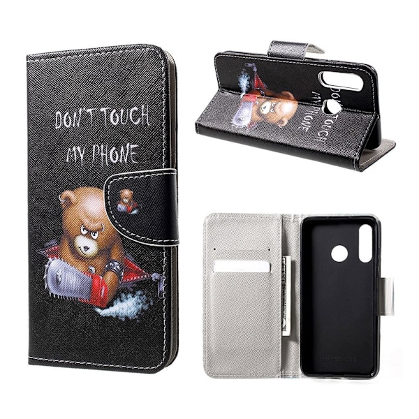 Huawei P30 Lite kuvioitu nahkainen flip suojakotelo - Vihainen Nalle ja Varoitus Multicolor