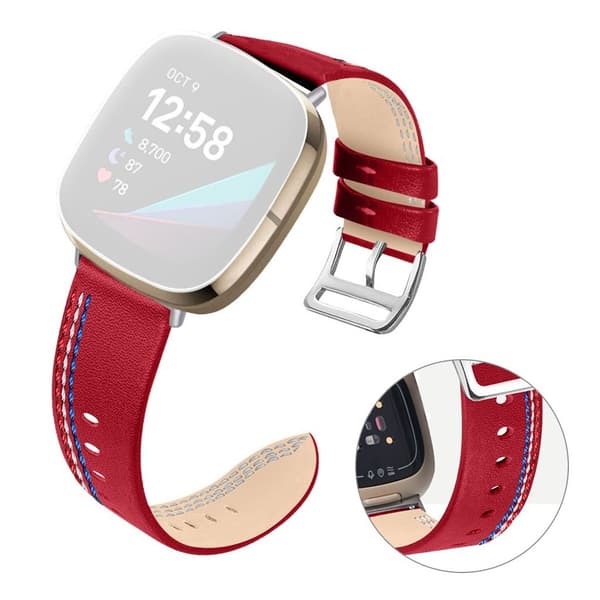 Fitbit Sense / Versa 3 urrem i ægte læder med tre syede linjer - Rød Red